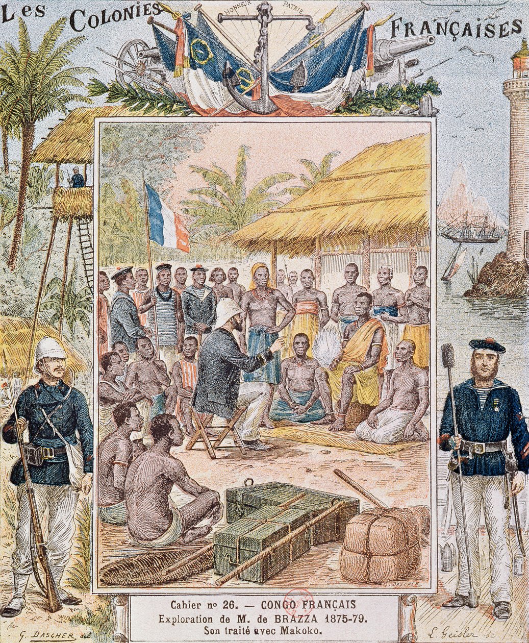 M. de Brazza (1875-79) felfedezése Makokoval kötött szerződése, illusztráció a Les Colonies Francaises-ből alkotó: G. Dascher