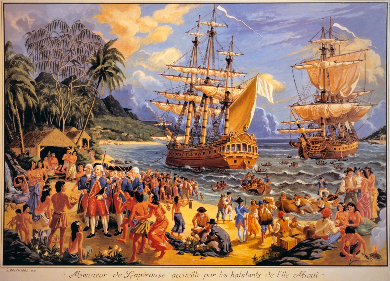 Jean Francois Galaup de Laperouse-t üdvözölték a Csendes-óceáni Sandwich-szigeteken található Mawee Island lakói (színes litho) alkotó: G. Delcausse