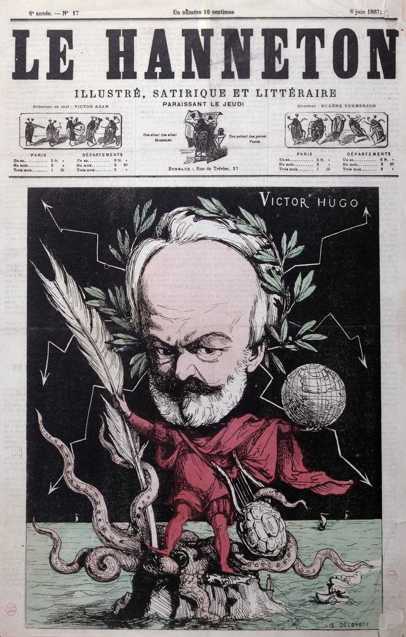 Victor Hugo (1802-85) karikatúrája, mint Zeusz a guernseyi száműzetésben a Le Hanneton címlapjáról, 1867. június alkotó: G. Deloyoti
