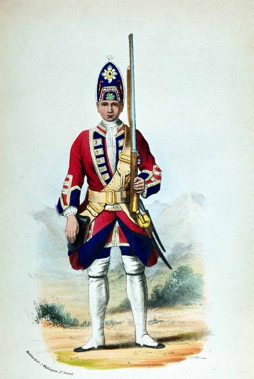 Egy közkatona a Royal North British Fusiliersnél 1742-ben, a Cannons Military Recordsnál alkotó: G. E. Madeley