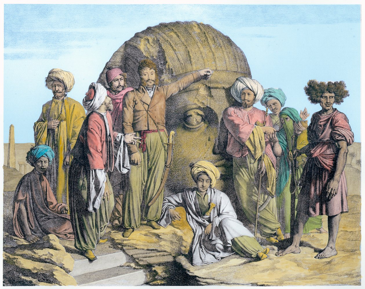 Bernardino Drovetti régész kolosszális fejet mér az egyiptomi sivatagban, 1819 alkotó: G Engelmann