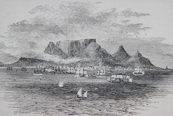 Fokváros a dél-afrikai Table Bay-ből nézve, Thomas Milner tiszteletes „The Gallery of Geography” című művéből, 1880 körül megjelent (metszet) alkotó: G. F. (after) Sargent
