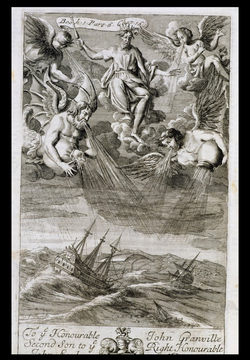 Jupiter vihart sodor az óceánra, illusztráció Anthony Le Grand „A filozófia alapelvei” 1. könyv 6. részének 16. fejezetéből, vésette Johannes Kip (16523-1722), 1694 alkotó: G Freman