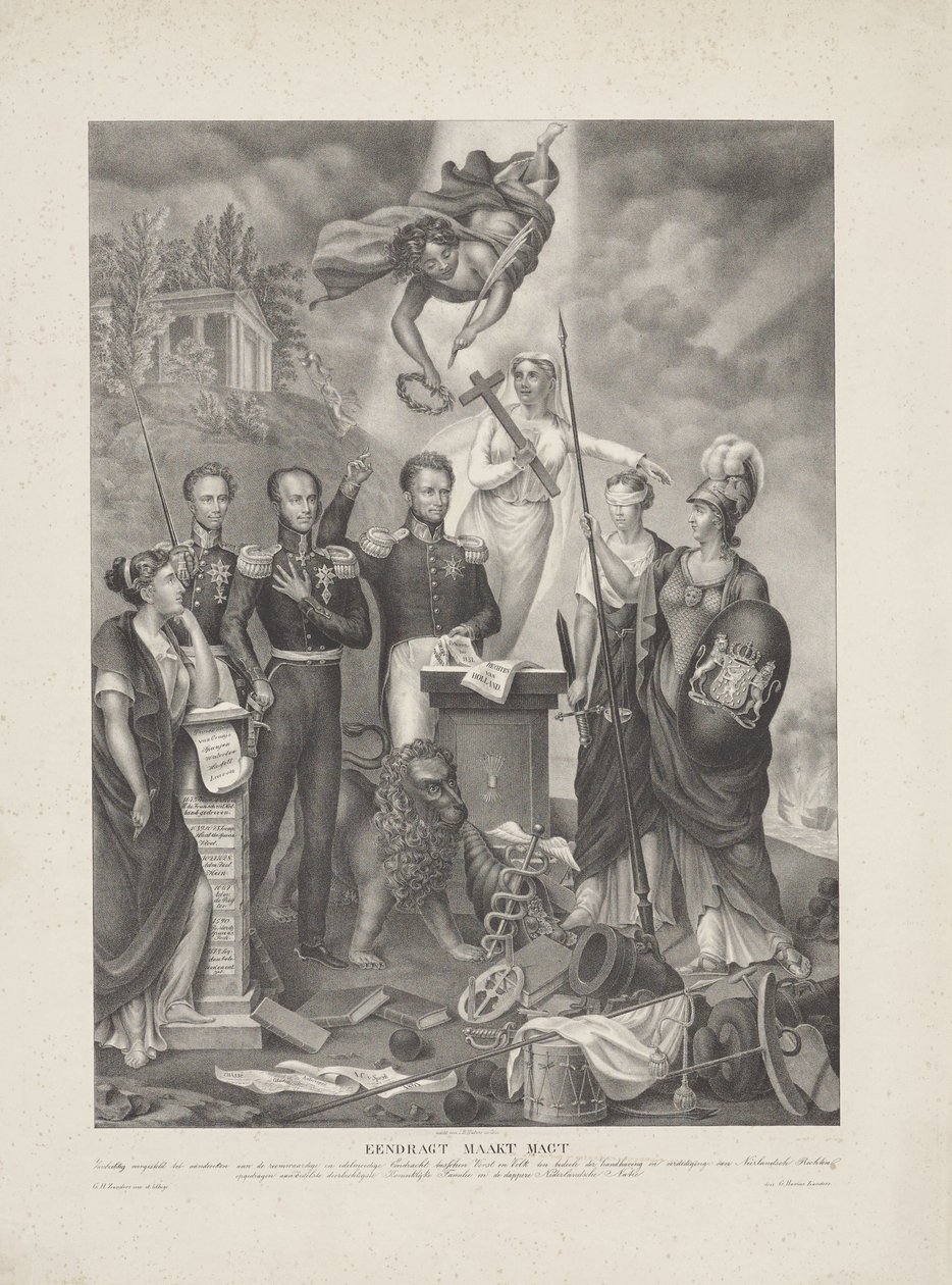 A herceg és a nép közötti szövetség allegóriája, 1832 Eendragt bemutatja Magt / Zinnebeeldig-et a herceg és a nép között létrejött dicsőséges és nagylelkű Eendracht emlékére, a holland jogok fenntartása és védelme érdekében (o cím alkotó: G. Havius Zanders