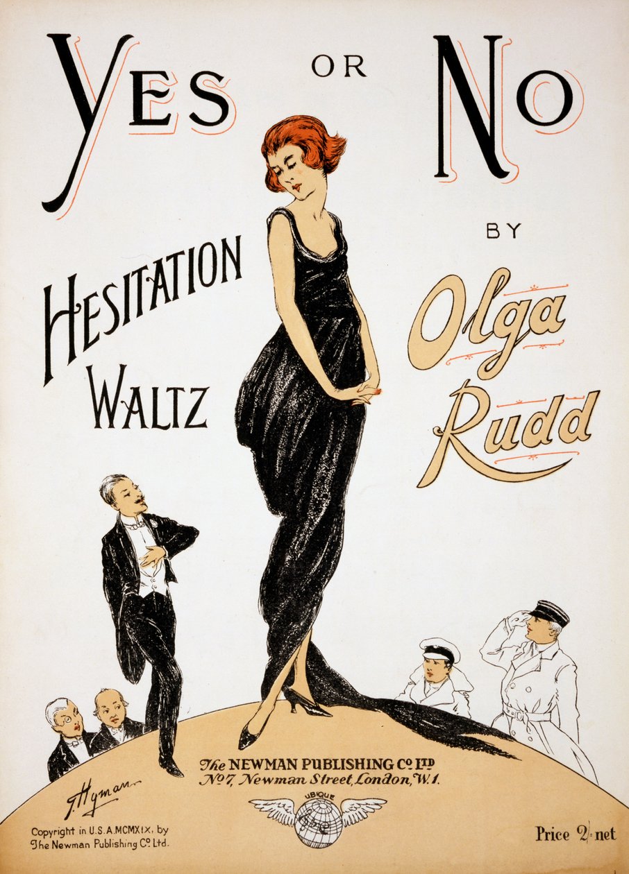 Borító Olga Rudd 1919-ben megjelent „Yes or No Hesitation Waltz” kottájához (színes litó) alkotó: G. Hyman