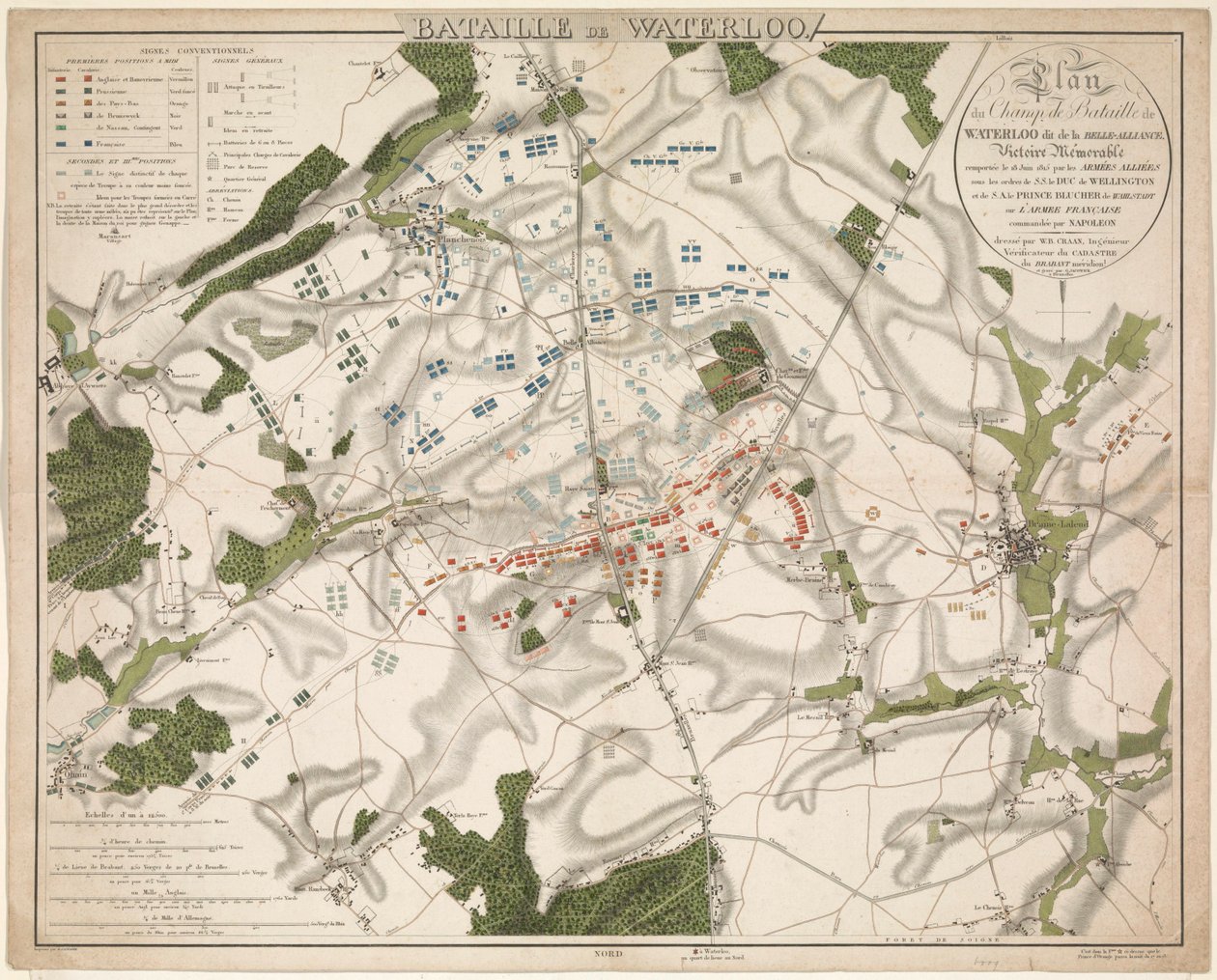 Kaart van de Slag Waterloo-ban, 1815 Waterloo-i csata / Belle-Alliance néven a Waterloo-i csatatér terve. Emlékezetes győzelem 1815. június 18-án a szövetséges hadseregek által (...) (cím a tárgyon) alkotó: G. Jacowick