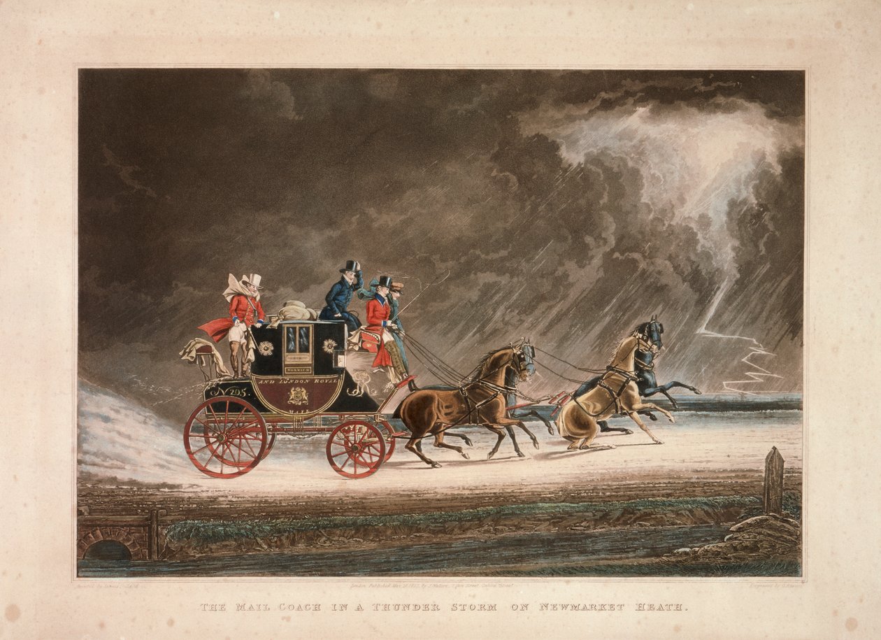 A postakocsi viharban a Newmarket Heath-en, Suffolkban, 1827. alkotó: G Reeves