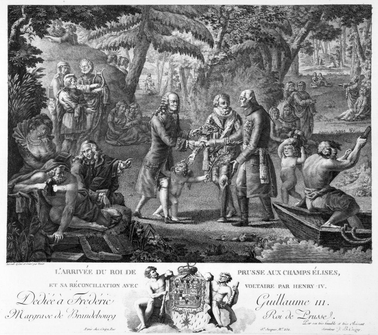 IV. Henrik (1553-1610), II. Frigyes Vilmos (1744-97) és Voltaire (1694-1778) kibékítése az Elysian Fields-en, 18. század második fele alkotó: G. Texier