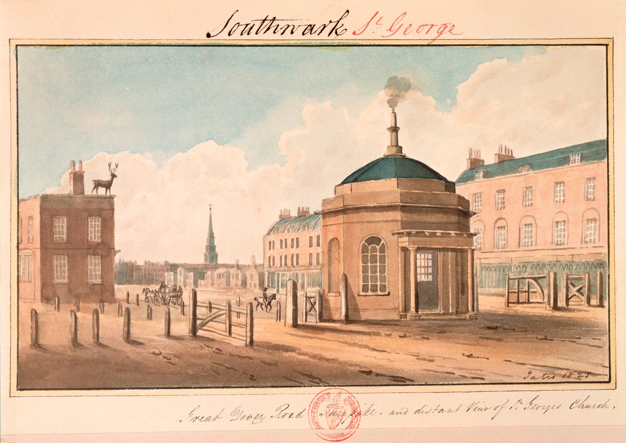 "Great Dover Road Turnpike és távoli kilátás a Szent György-templomra", Southwark, London, 1825 alkotó: G Yates