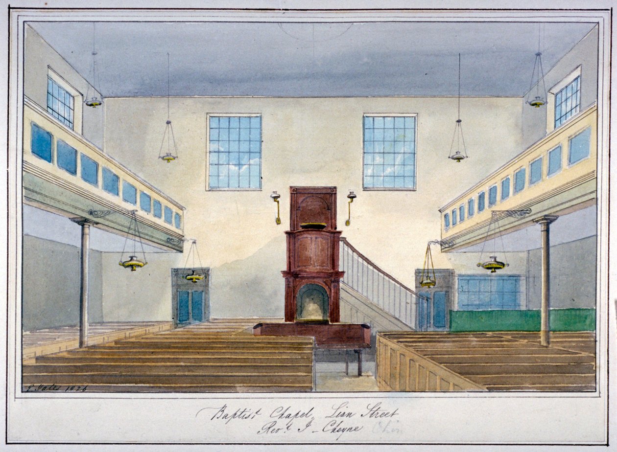 A Lion Street Baptist Chapel belső képe, a New Kent Road mellett, Southwark, London, 1826 alkotó: G Yates