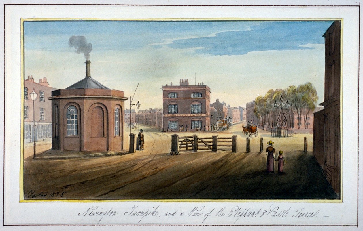 Newington Turnpike a Newington Causeway-n, Southwark, London, 1825 alkotó: G Yates