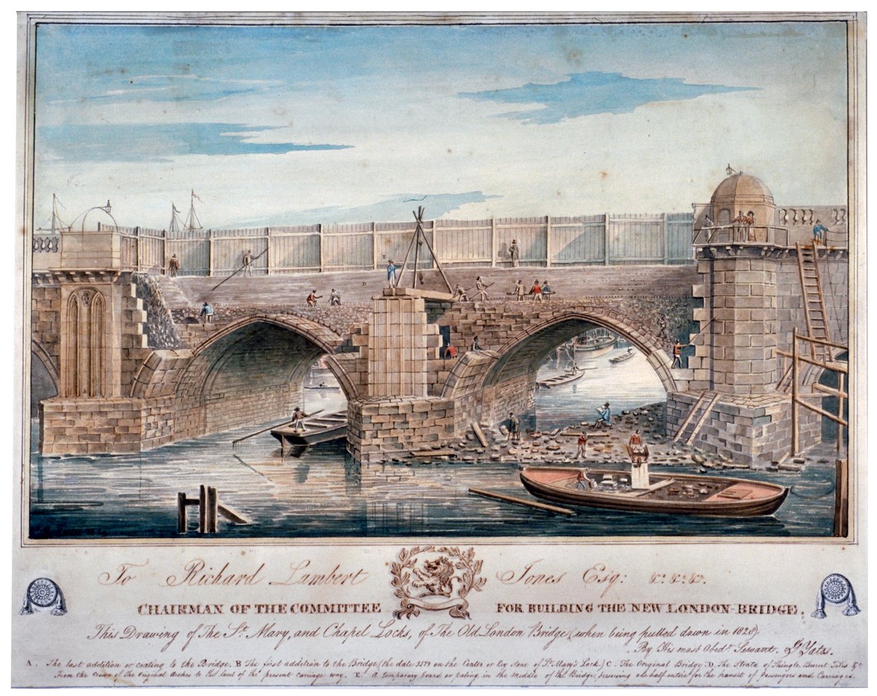 A Szent Mária és a kápolna zárait lebontják, London Bridge, 1829. alkotó: G Yates