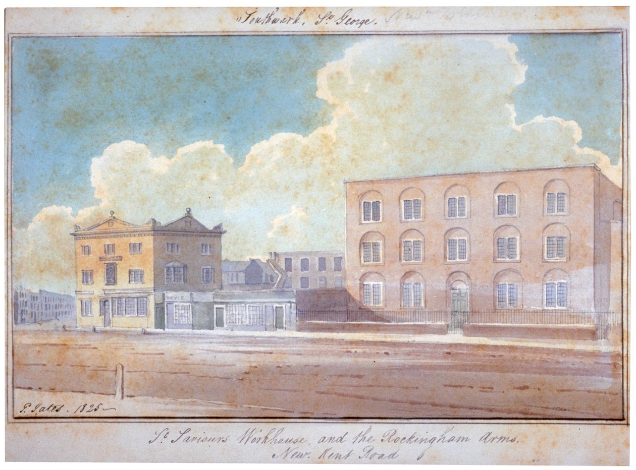 St Saviour munkaháza és a Rockingham Arms Inn, New Kent Road, Southwark, London, 1825 alkotó: G Yates