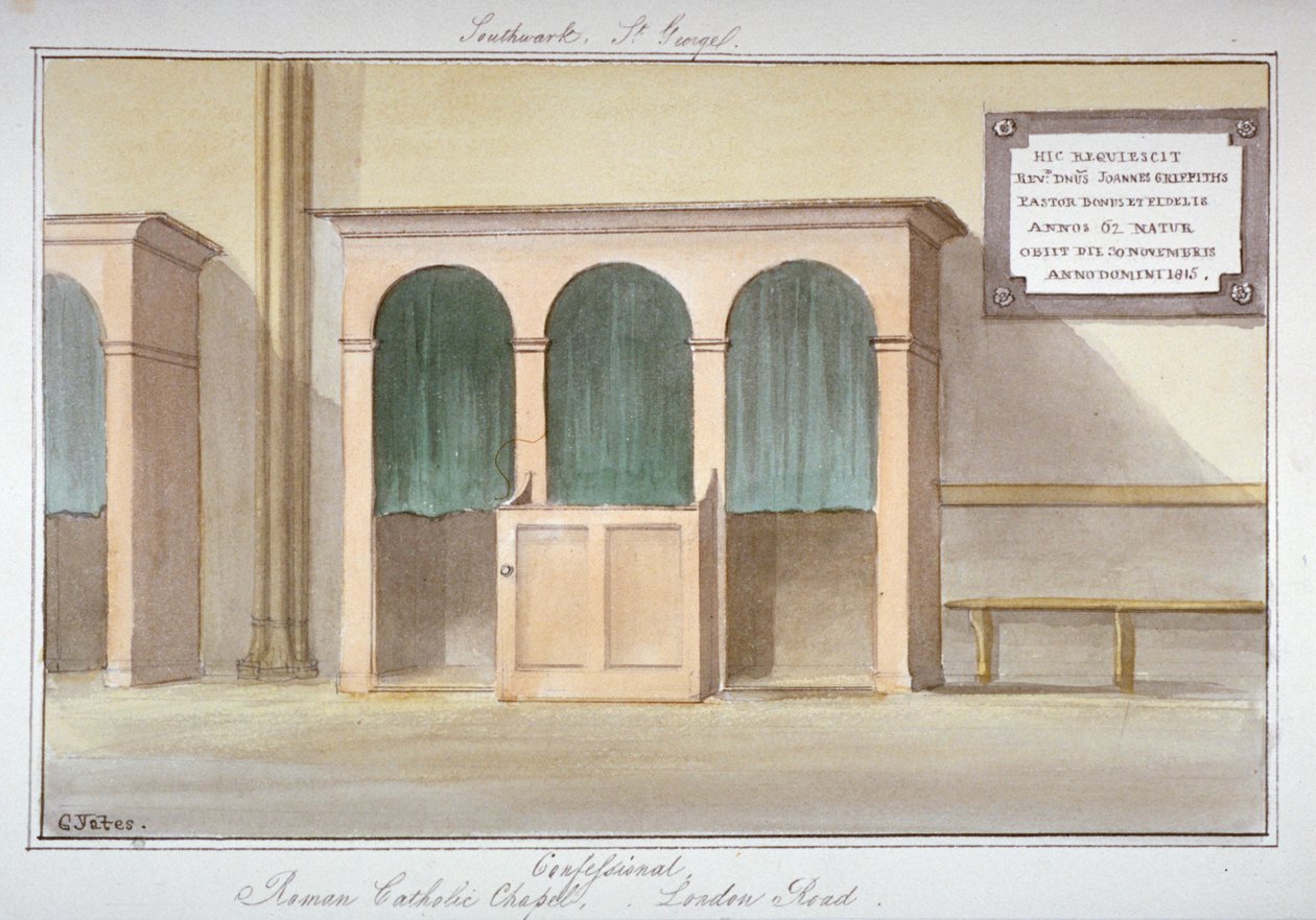 Gyóntatószék a római katolikus kápolnában a London Roadon, Southwark, London, 1825 alkotó: G Yates