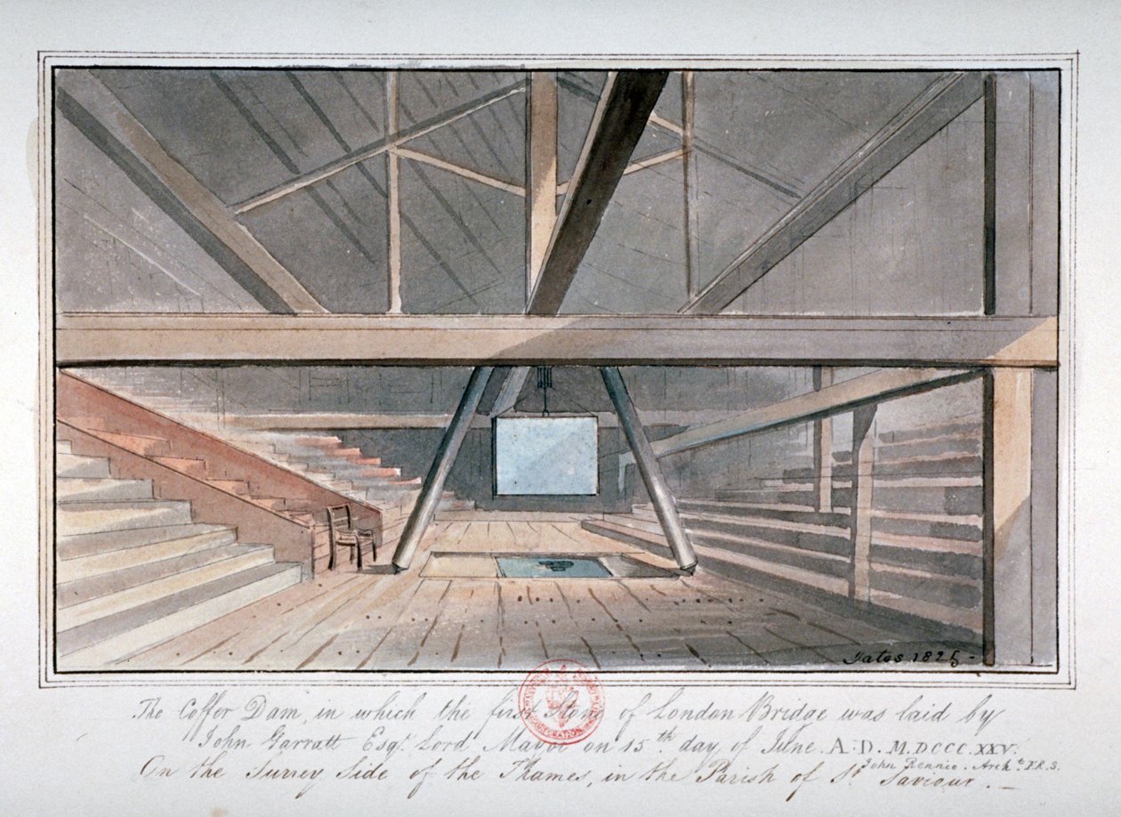 Kilátás a London Bridge alapítására, 1825 alkotó: G Yates