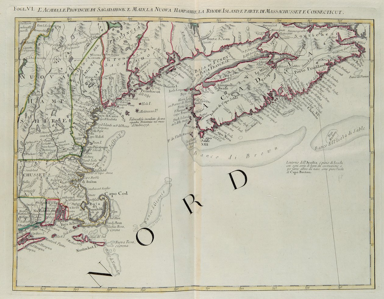 Acadia, Sagadahoc és Maine tartomány, New Hampshire, Rhode Island és Massachusetts és Connecticut egy része, G. Zuliani metszete az 1778-ban Velencében kiadott „Legújabb atlasz” I. Tome-jából vett, Antonio Zatta, Magángyűjtemény alkotó: G. Zuliani