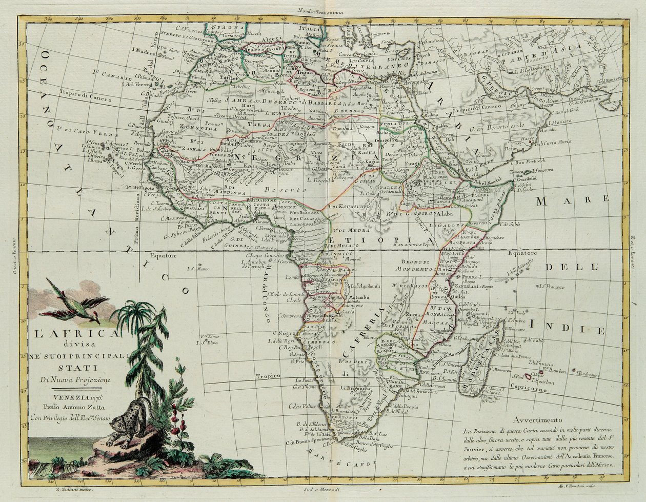 Afrika fő államaira oszlik, G. Zuliani metszete az Antonio Zatta által 1776-ban Velencében kiadott Legújabb Atlasz I. Tome-jából vett, magángyűjtemény alkotó: G. Zuliani