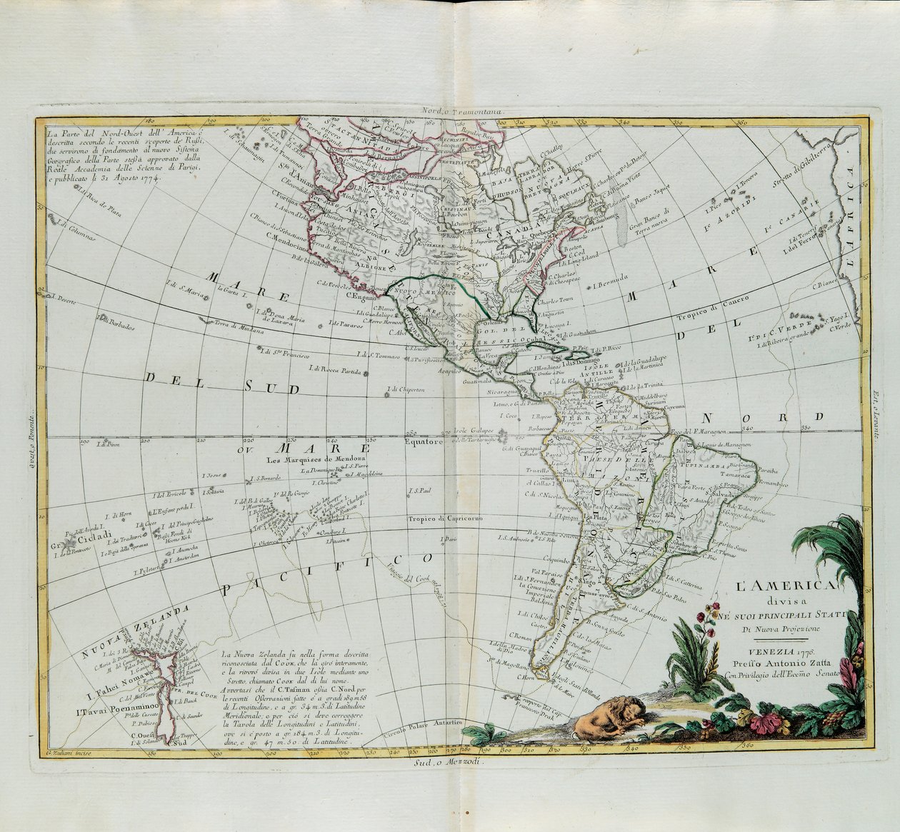 Amerika fő államaira oszlik, G. Zuliani metszete az Antonio Zatta 1776-ban Velencében kiadott Legújabb Atlasz I. toméjából vett metszet, magángyűjtemény alkotó: G. Zuliani