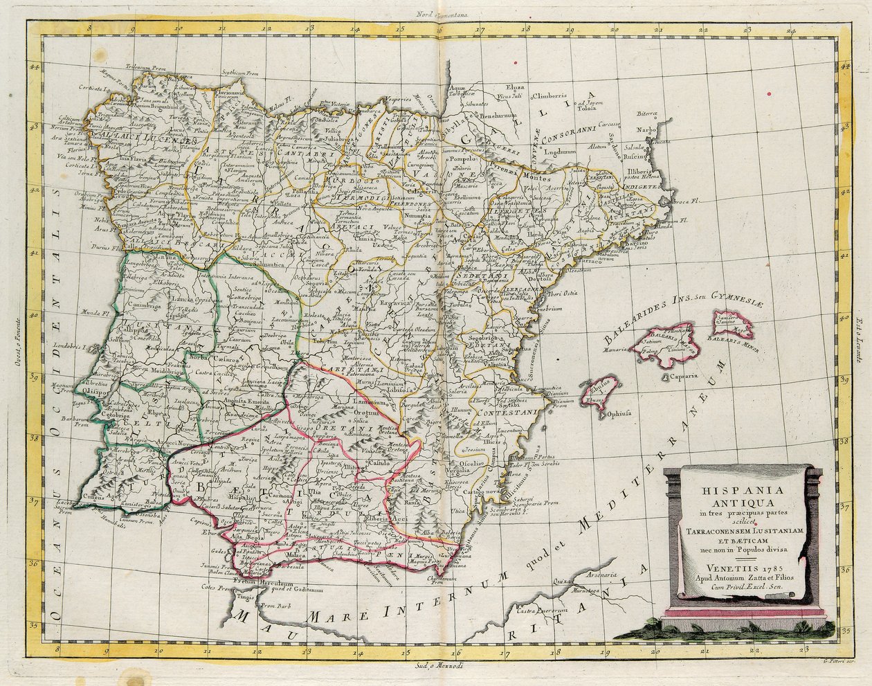 Az ókori Spanyolország három különálló területre, nevezetesen Terraconensis, Lusitania és Baetica, valamint népekre tagolódott, G. Zuliani metszete I. Tome-tól származik az Antonio Zatta által 1785-ben Velencében kiadott „Legújabb atlasz” magángyűjteményéb alkotó: G. Zuliani