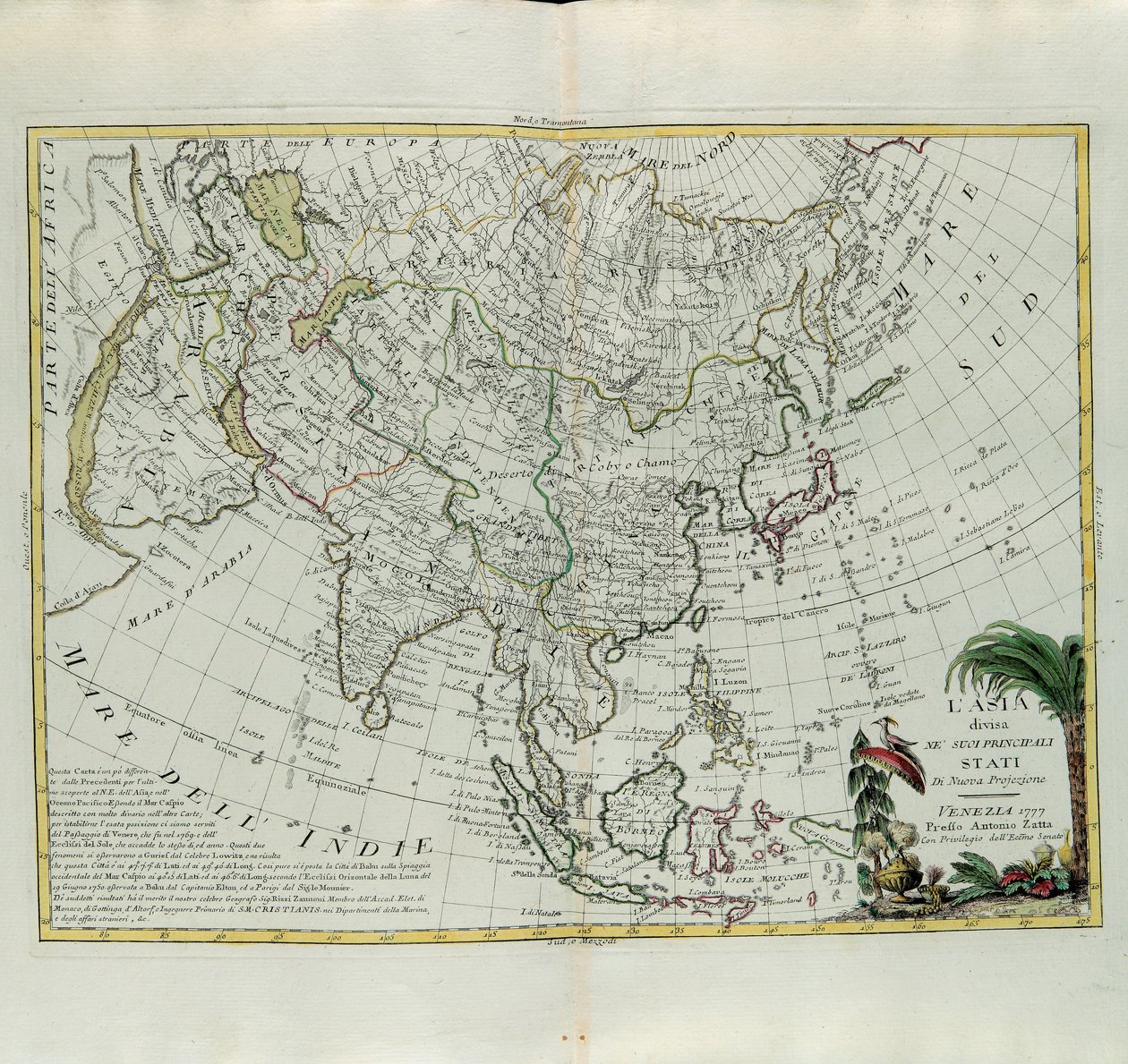 Ázsia fő államaira oszlik, G. Zuliani metszete az Antonio Zatta 1777-ben Velencében kiadott Legújabb Atlasz I. Tome-jából vett metszet, Antonio Zatta, Magángyűjtemény alkotó: G. Zuliani