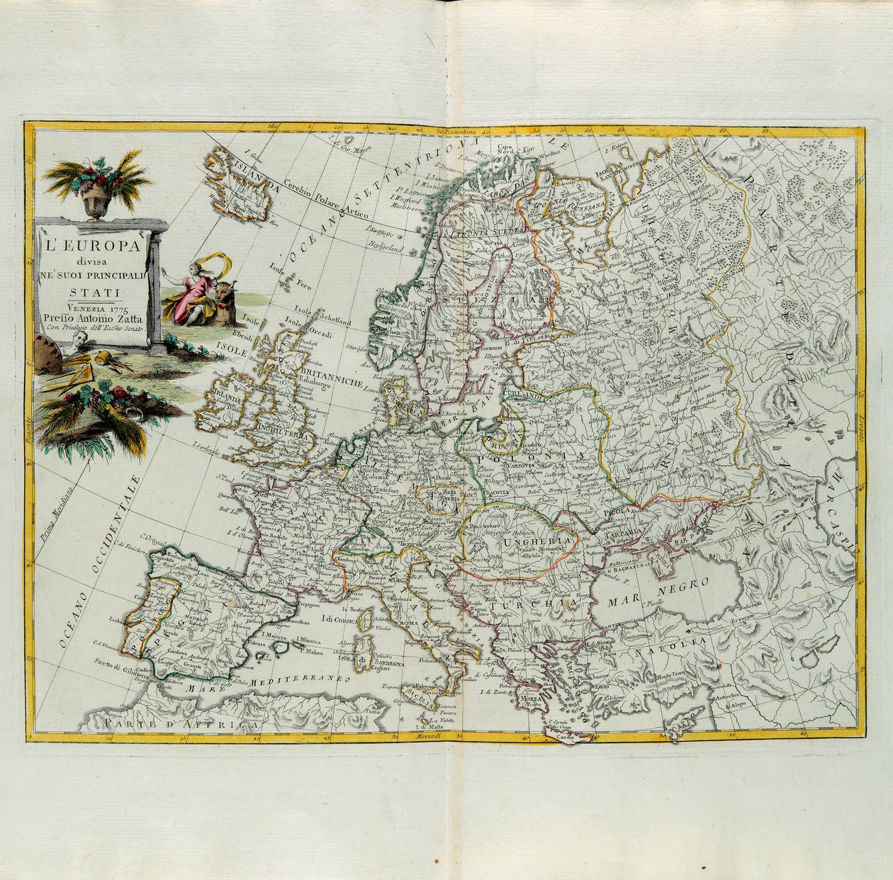 Európa fő államaira oszlik, G. Zuliani metszete az Antonio Zatta 1776-ban Velencében kiadott Legújabb Atlasz I. toméjából vett metszet, magángyűjtemény alkotó: G. Zuliani
