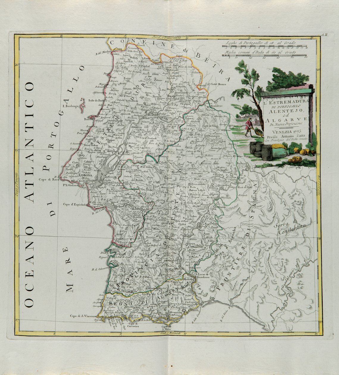 Portugáliai Extremadura Alentejo vagy Algarve, G. Zuliani metszete a velencei 1776-ban, Antonio Zatta által kiadott Legújabb atlasz I. tomejából vett. alkotó: G. Zuliani