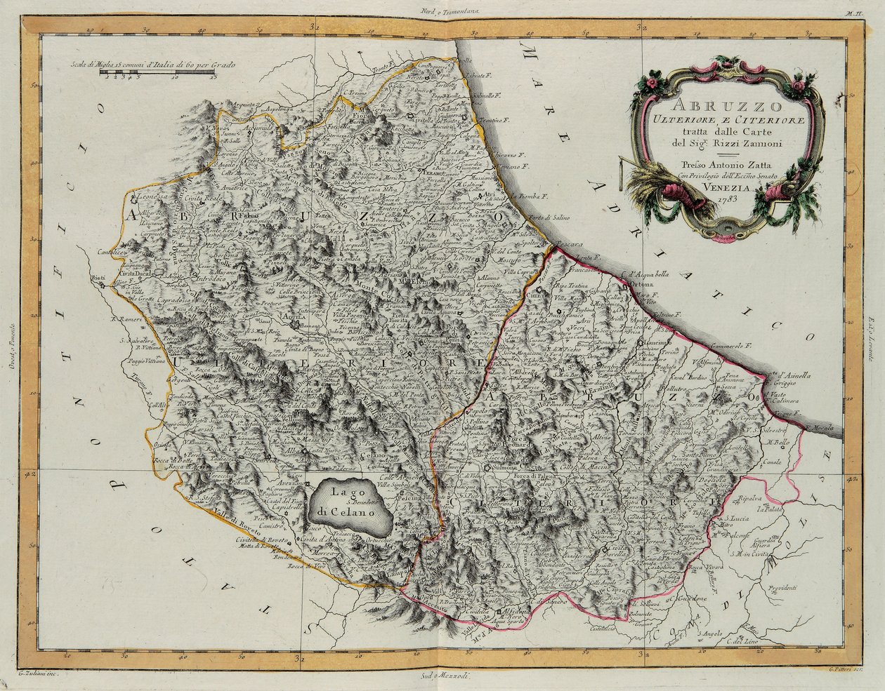 Távol és itt Abruzzo, G. Zuliani metszete az Antonio Zatta által 1783-ban Velencében kiadott „Legújabb atlasz” II. Tome-jából, magángyűjtemény alkotó: G. Zuliani