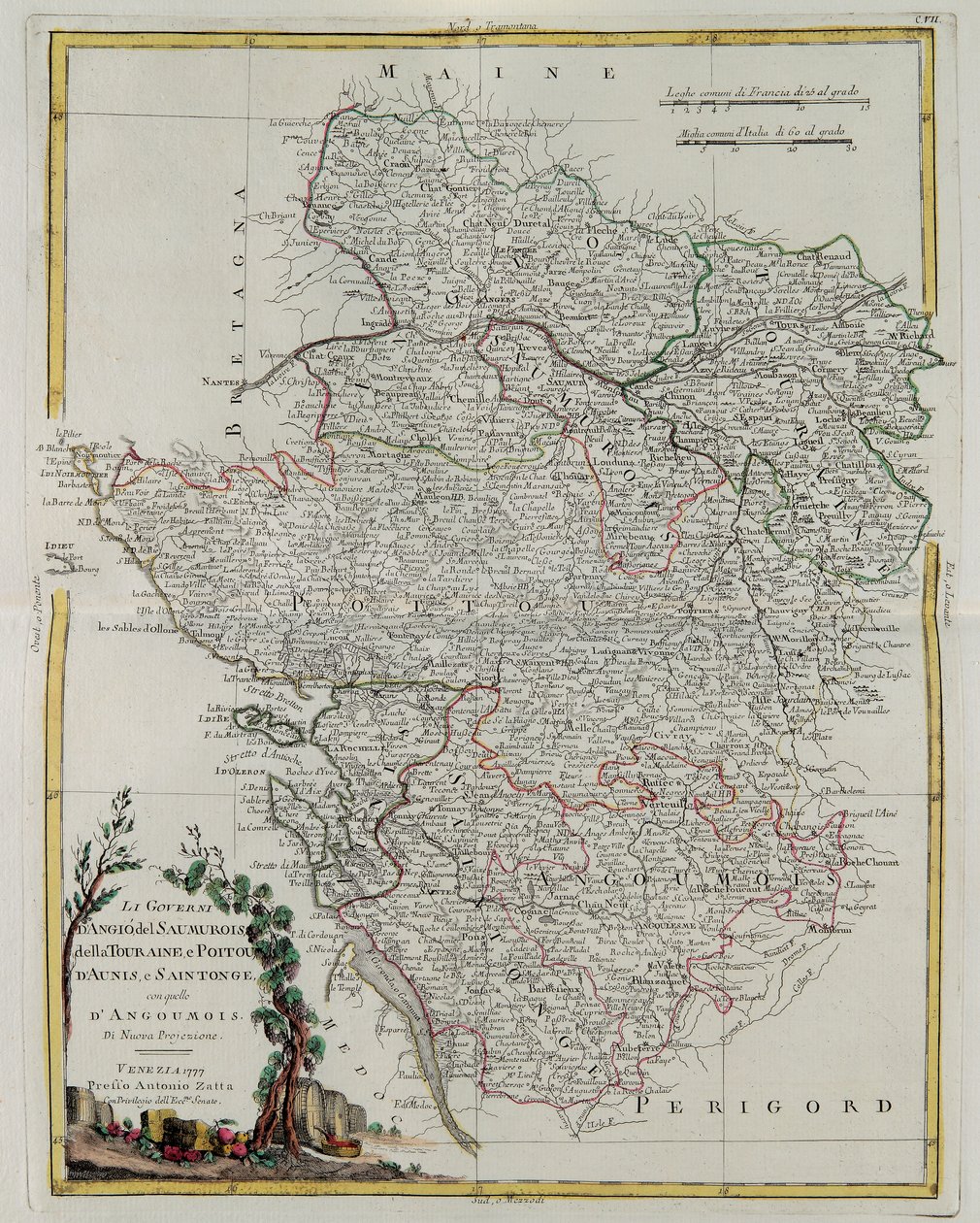 Anjou, Saumurois, Touraine és Poitou, Aunis és Saintonge kormányzása Anjoumois kormányzásával, G. Zuliani metszete az 1777-ben Velencében kiadott Legújabb atlasz I. Toméjából vett át Antonio Z. alkotó: G. Zuliani