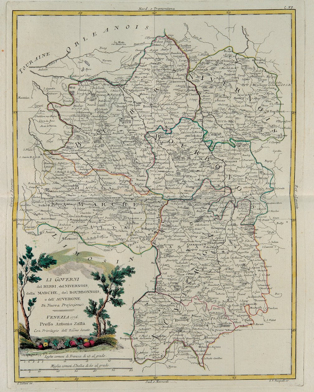 Berri, Nivernois, Marche, Bourbon és Auvergne kormányzásai, G. Zuliani metszete az Antonio Zatta által 1776-ban Velencében kiadott Legújabb atlasz I. toméjából vett, magángyűjtemény alkotó: G. Zuliani