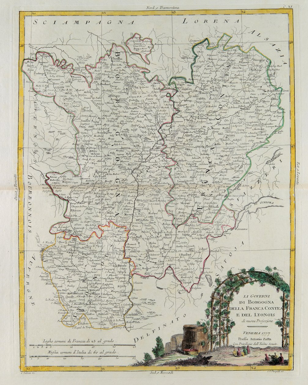Bourgogne, Franca Contea és Lyons kormányzásai, G. Zuliani metsze a Legújabb Atlasz I. toméjából vett, 1777-ben Velencében Antonio Zatta, Magángyűjtemény alkotó: G. Zuliani