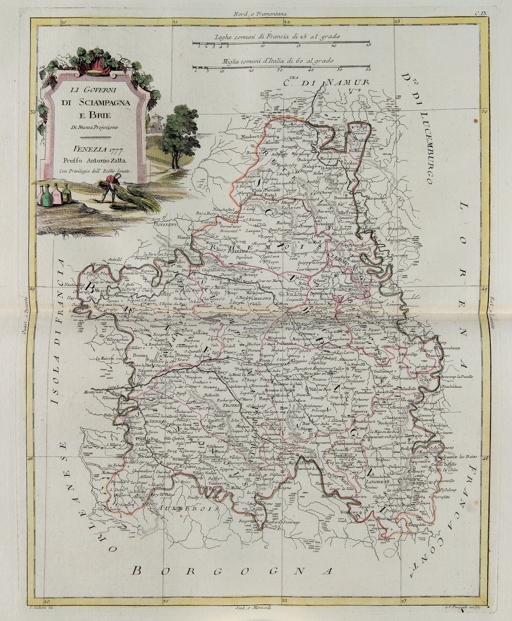 Governances of Champagne and Brie, G. Zuliani metszete a Legújabb Atlasz I. Tome-jából vett, 1777-ben Velencében kiadott Antonio Zatta, Magángyűjtemény alkotó: G. Zuliani
