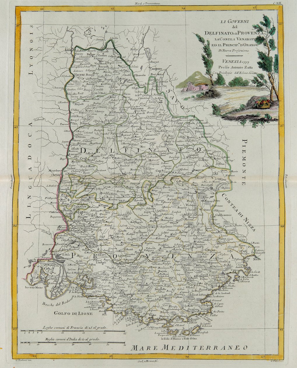 Dauphin, Provence, Venaissin megye és Orange Principátus kormányzásai, G. Zuliani metszetei az 1777-ben Velencében kiadott Legújabb Atlasz I. Tome-jából vették át Antonio Zatta, Priv. alkotó: G. Zuliani