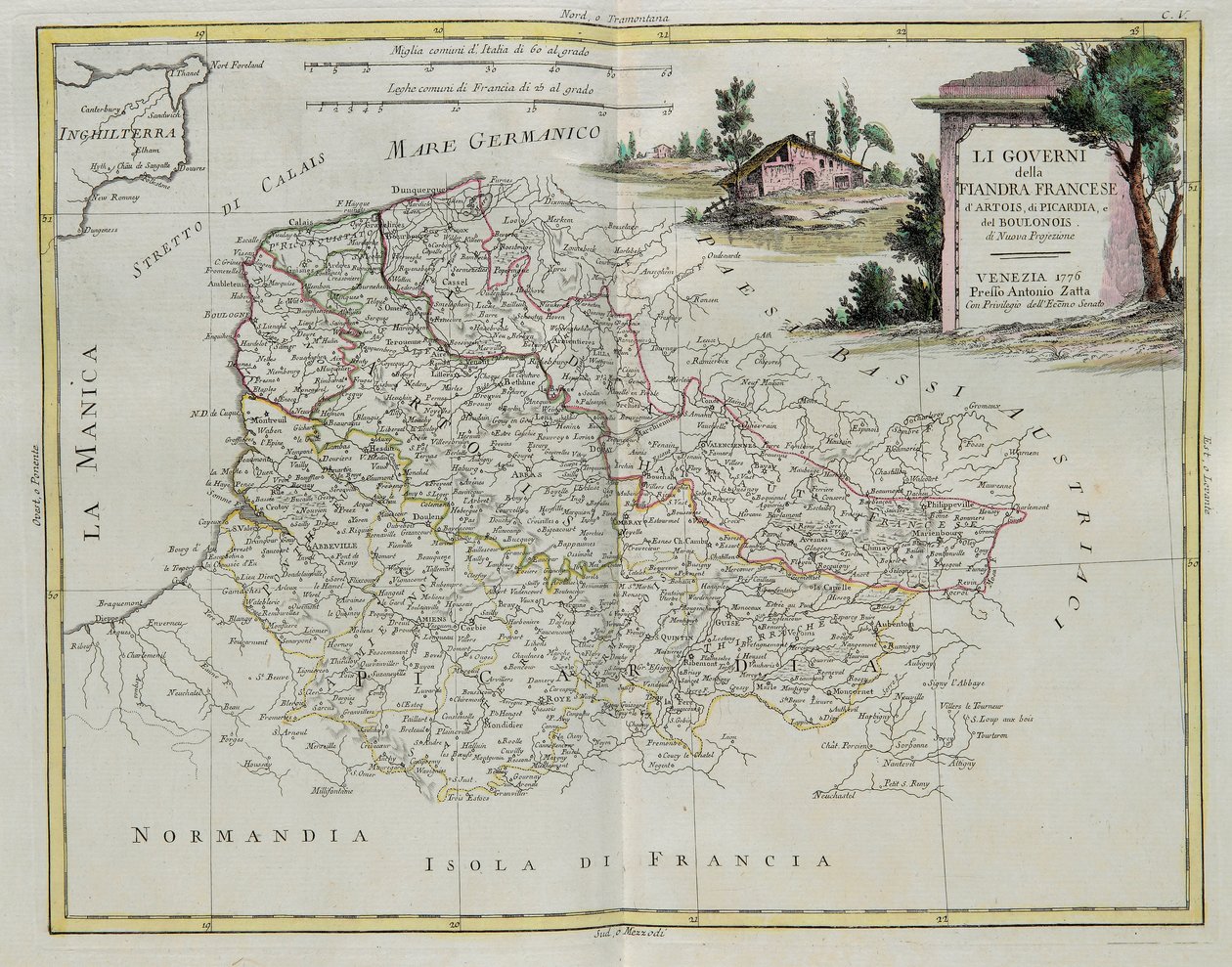 Francia Flandria, Artois, Pikárdia és Boulonois kormányzásai, G. Zuliani metszetei az Antonio Zatta 1776-ban Velencében kiadott Legújabb Atlasz I. Tomejából vettek át, magángyűjtemény alkotó: G. Zuliani