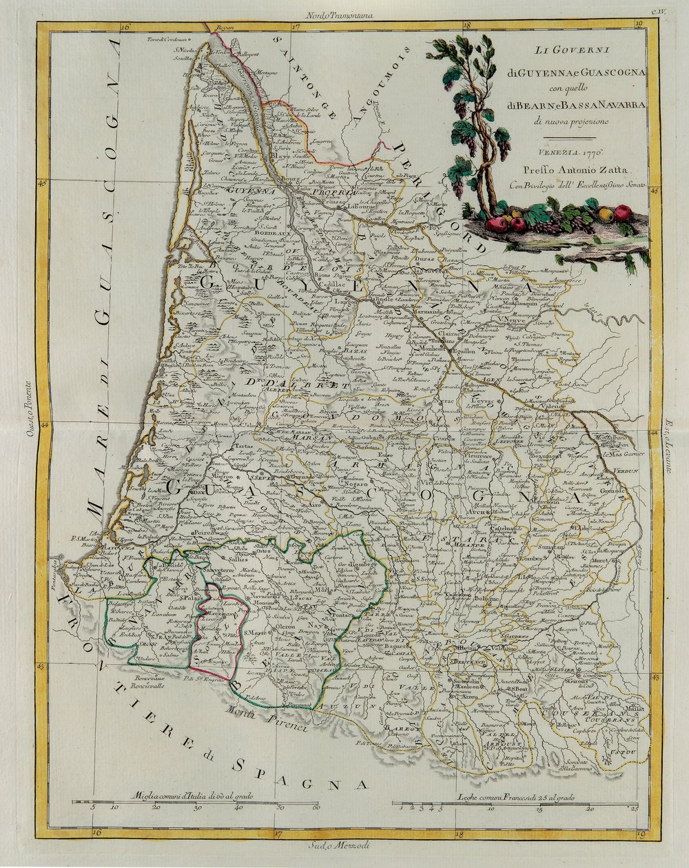 Guyenne és Gascogne kormányzása Bearn és Alsó-Navarra kormányzásával, G. Zuliani metszete az Antonio Zatta által 1776-ban Velencében kiadott Legújabb atlasz I. tomejából vett, magángyűjtemény alkotó: G. Zuliani