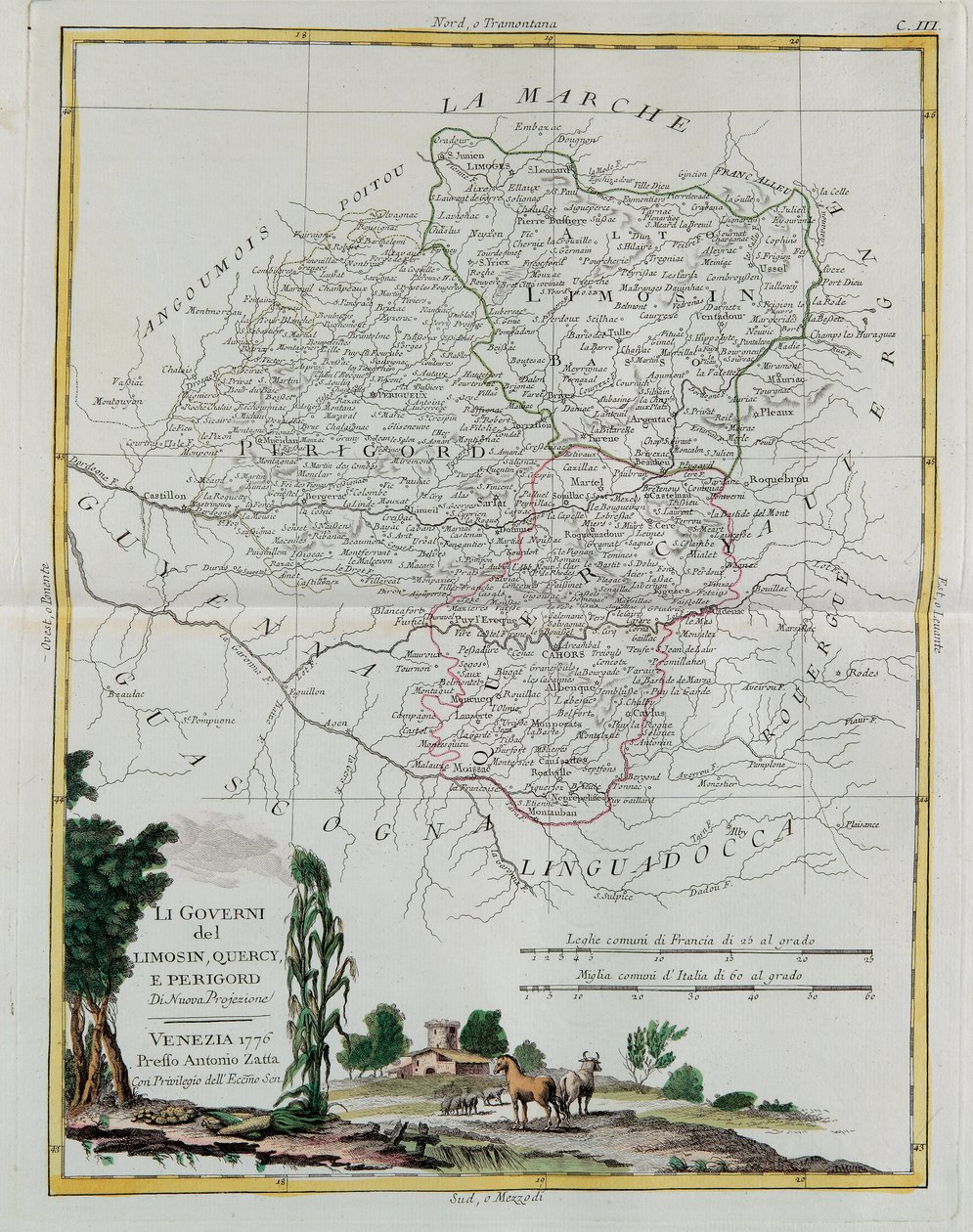 Governances of Limosin, Quercy és Perigord, G. Zuliani metszete az Antonio Zatta 1776-ban Velencében kiadott Legújabb Atlasz I. toméjából vett, magángyűjtemény alkotó: G. Zuliani