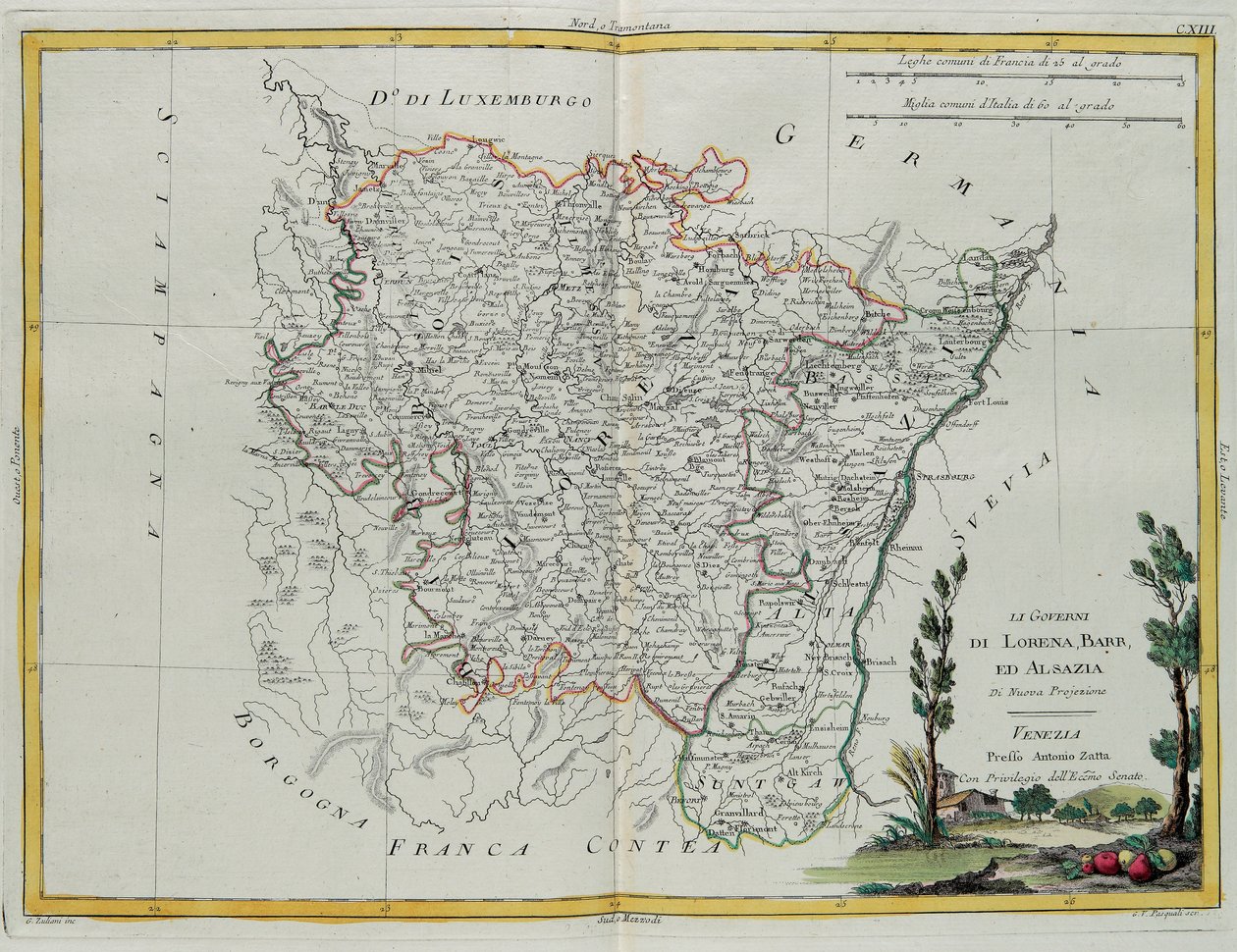 Governances of Lorraine, Barr és Elsace, G. Zuliani metszete a Velencében kiadott „Legújabb atlasz” I. Tome-jából, Antonio Zatta magángyűjteményéből alkotó: G. Zuliani