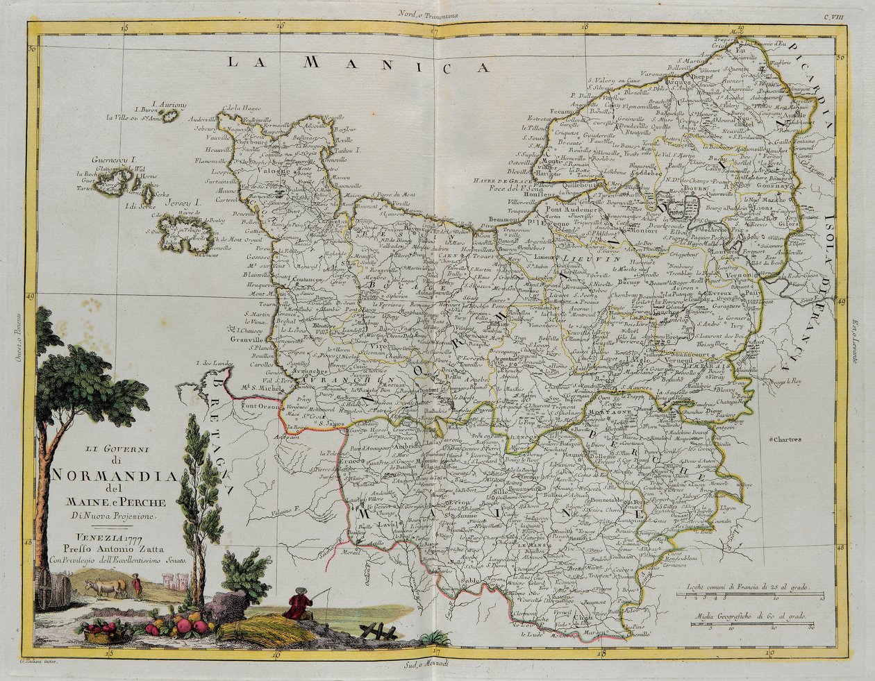 Normandie, Maine és Perche kormányzása, G. Zuliani metszete a Legújabb Atlasz I. Tome-jából vett, 1777-ben Velencében, Antonio Zatta, Magángyűjtemény alkotó: G. Zuliani