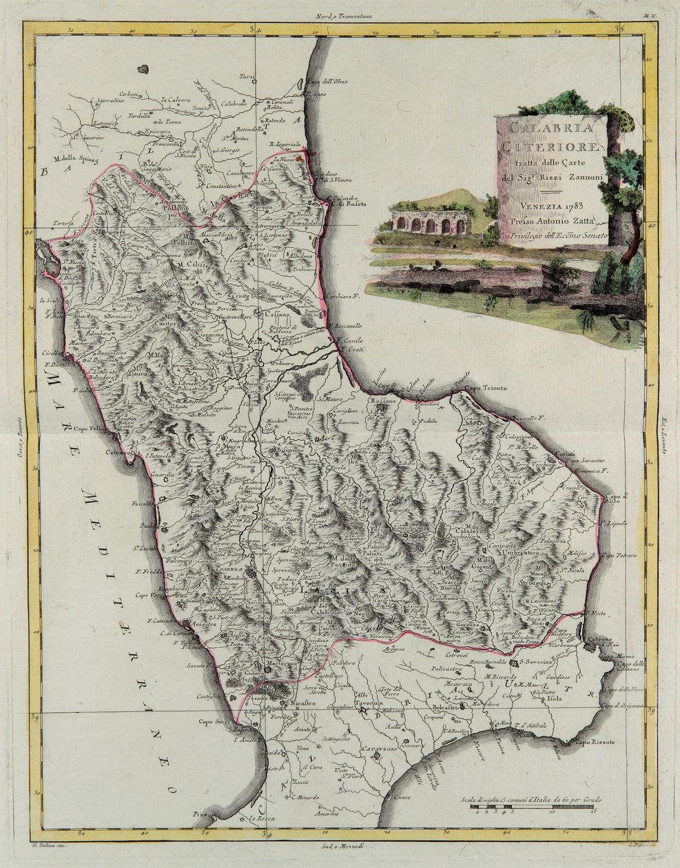 Hither Calabria, G. Zuliani metszete az Antonio Zatta által 1783-ban Velencében kiadott „Legújabb atlasz” II. Tome-jából vett át, magángyűjtemény alkotó: G. Zuliani