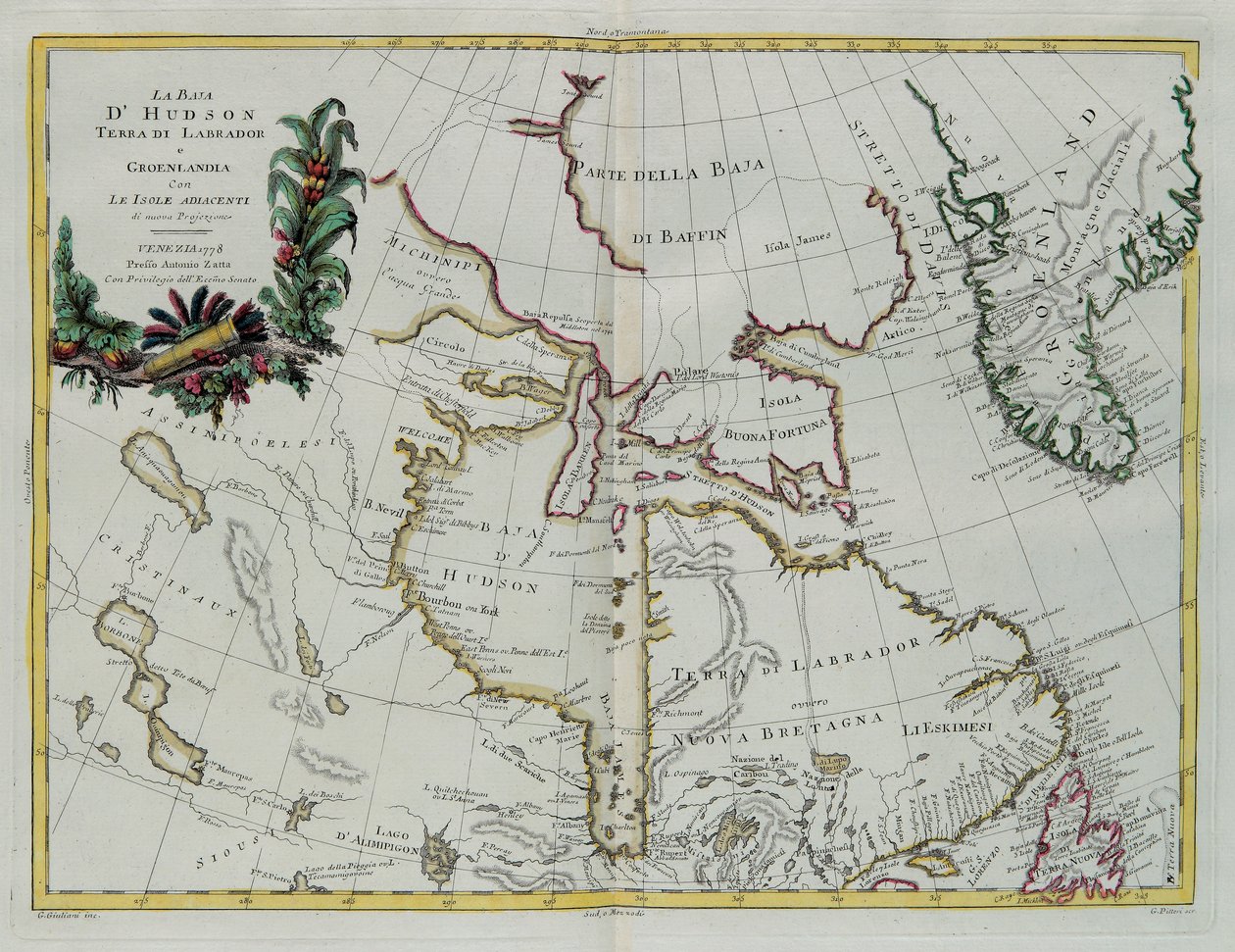 Hudson-öböl, Labrador földje és Grönland a szomszédos szigetekkel, G. Zuliani metszete az Antonio Zatta által 1778-ban Velencében kiadott „Legújabb atlasz” I. Tome-jából vett, magángyűjtemény alkotó: G. Zuliani