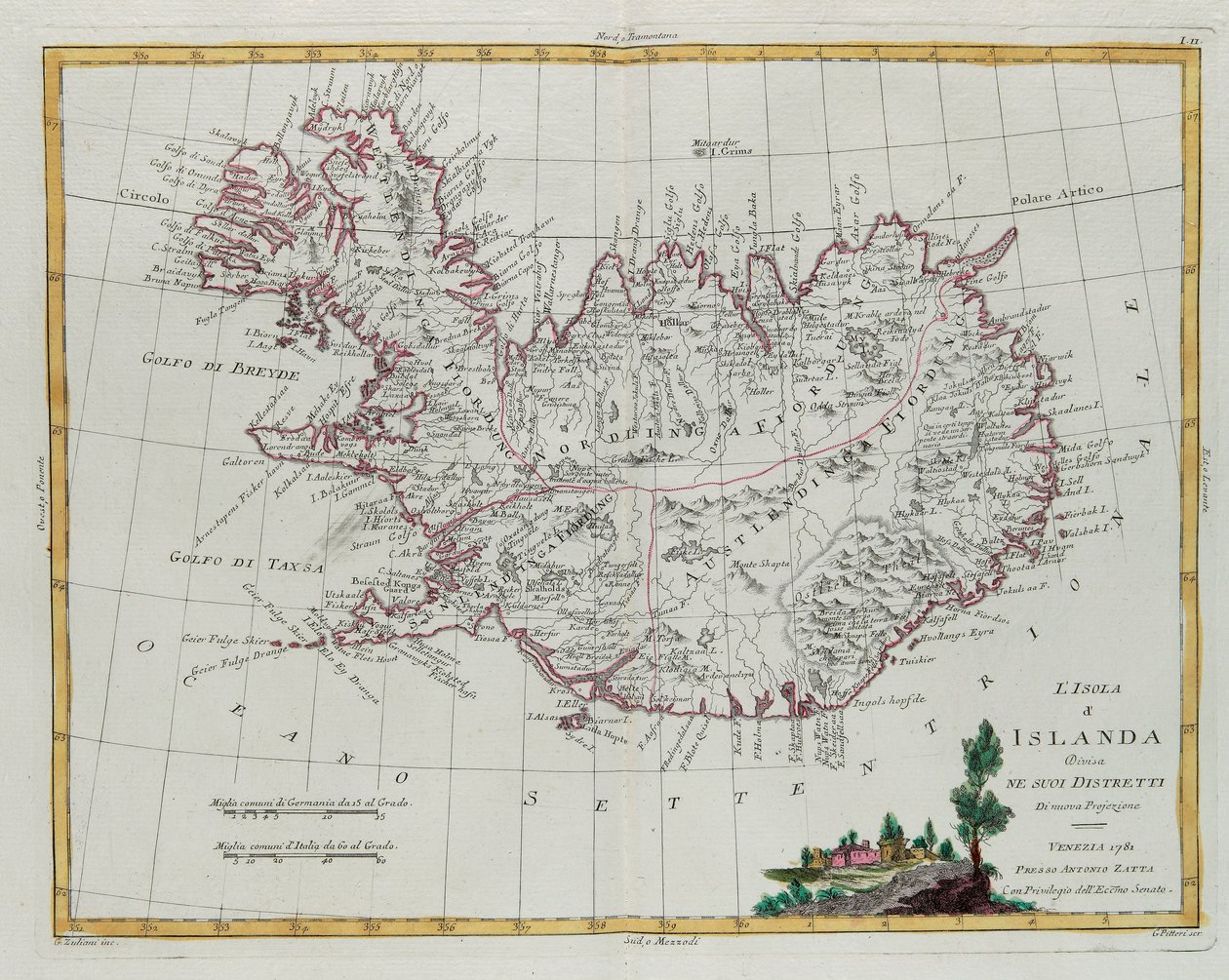 Izland körzeteire oszlik, G. Zuliani metszete az Antonio Zatta 1781-ben Velencében kiadott „Legújabb atlasza” III. Tome-jából vett. alkotó: G. Zuliani