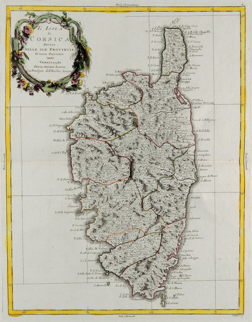 Korzika tartományaira osztott szigete, G. Zuliani metszete az Antonio Zatta által 1782-ben Velencében kiadott „Legújabb atlasz” II. alkotó: G. Zuliani