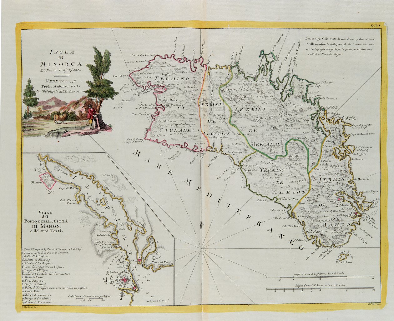 Minorca szigete és a kikötő, valamint Mahon város és erődök terve, G. Zuliani metszete az Antonio Zatta által 1778-ban Velencében kiadott „Legújabb atlasz” I. Tome-jából vett metszet, Antonio Zatta, Magángyűjtemény alkotó: G. Zuliani