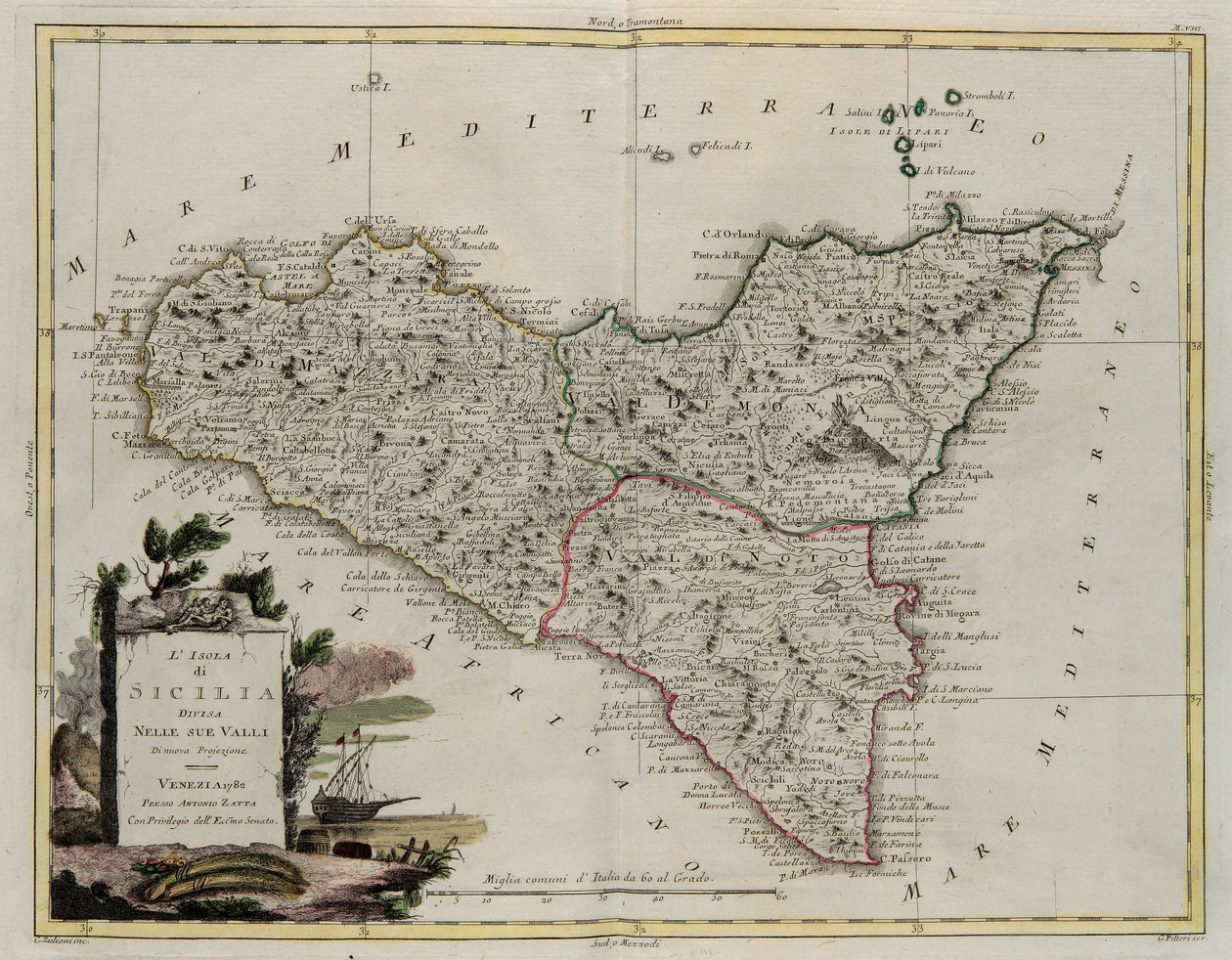 Szicília völgyeire tagolt szigete, G. Zuliani metszete a velencei 1782-ben Velencében kiadott Legújabb Atlasz II. Toméjából, Antonio Zatta magángyűjteményéből alkotó: G. Zuliani