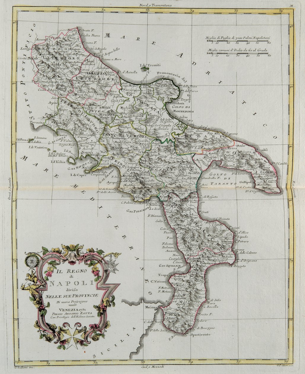 A tartományaira felosztott Nápolyi Királyság, G. Zuliani metszet II. Tome-jából vett „Legújabb atlasz”-ból, amelyet 1781-ben Velencében adtak ki Antonio Zatta, Magángyűjtemény alkotó: G. Zuliani