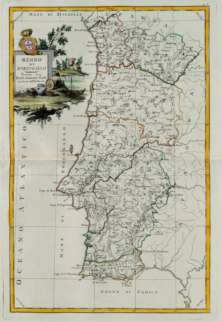 Portugál Királyság, G. Zuliani metszete az Antonio Zatta 1776-ban Velencében kiadott Legújabb Atlasz I. toméjából, magángyűjtemény alkotó: G. Zuliani
