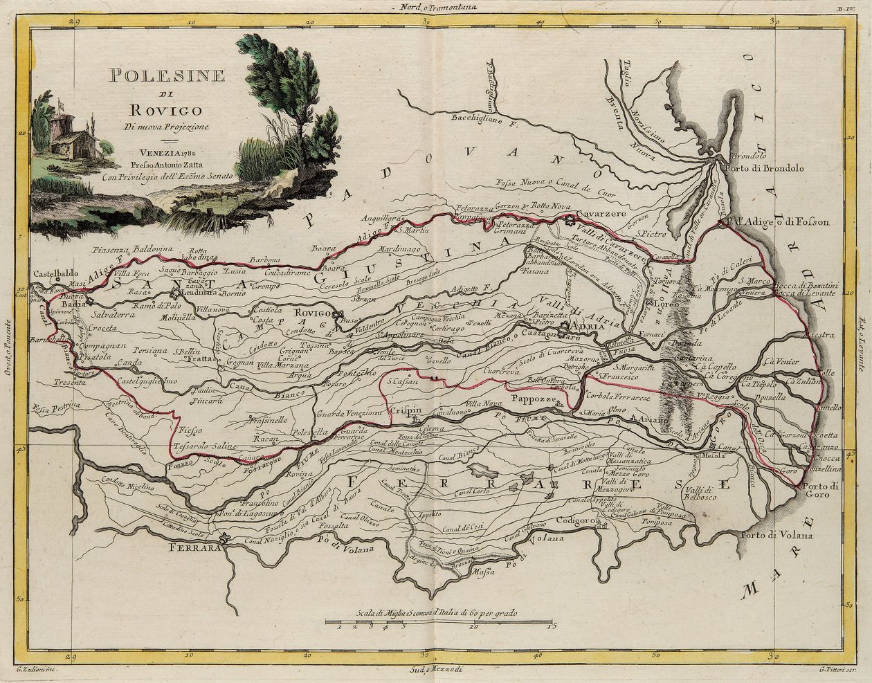 Veneto állam földterülete: Rovigo területe, G. Zuliani metszete, az Antonio Zatta által 1782-ben Velencében kiadott "Legújabb atlasz" II. kötetéből, magángyűjtemény alkotó: G. Zuliani