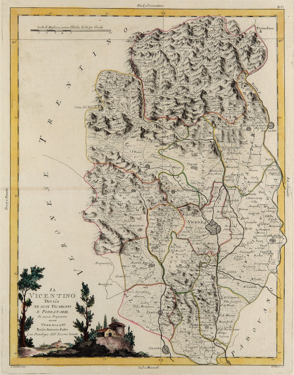Veneto állam földterülete: Vicenza püspökségeire és magisztrátusaira felosztott területe, G. Zuliani metszete az Antonio Zatta által 1782-ben Velencében kiadott „Legújabb atlasz” II. alkotó: G. Zuliani