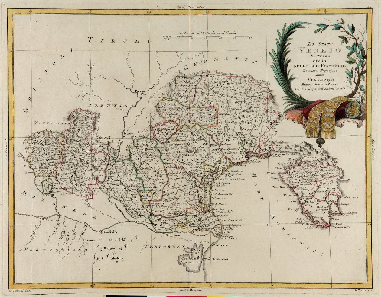 Veneto állam területe, tartományaira osztva, G. Zuliani metszete az Antonio Zatta által 1782-ben Velencében kiadott „Legújabb atlasz” II. Tome-jából vett, magángyűjtemény alkotó: G. Zuliani