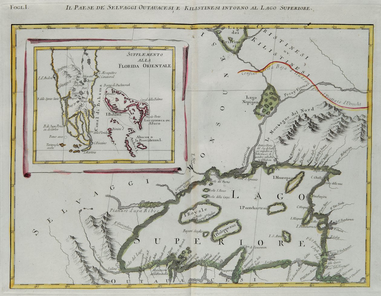 Az ottawai és a kilistin indiánok földje a Felső-tó körül és Kelet-Florida kiegészítése, G. Zuliani metszet I. Tome-jából a "Legújabb atlasz"-ból, amelyet 1778-ban Velencében adott ki Antonio Zatta, magángyűjtemény alkotó: G. Zuliani