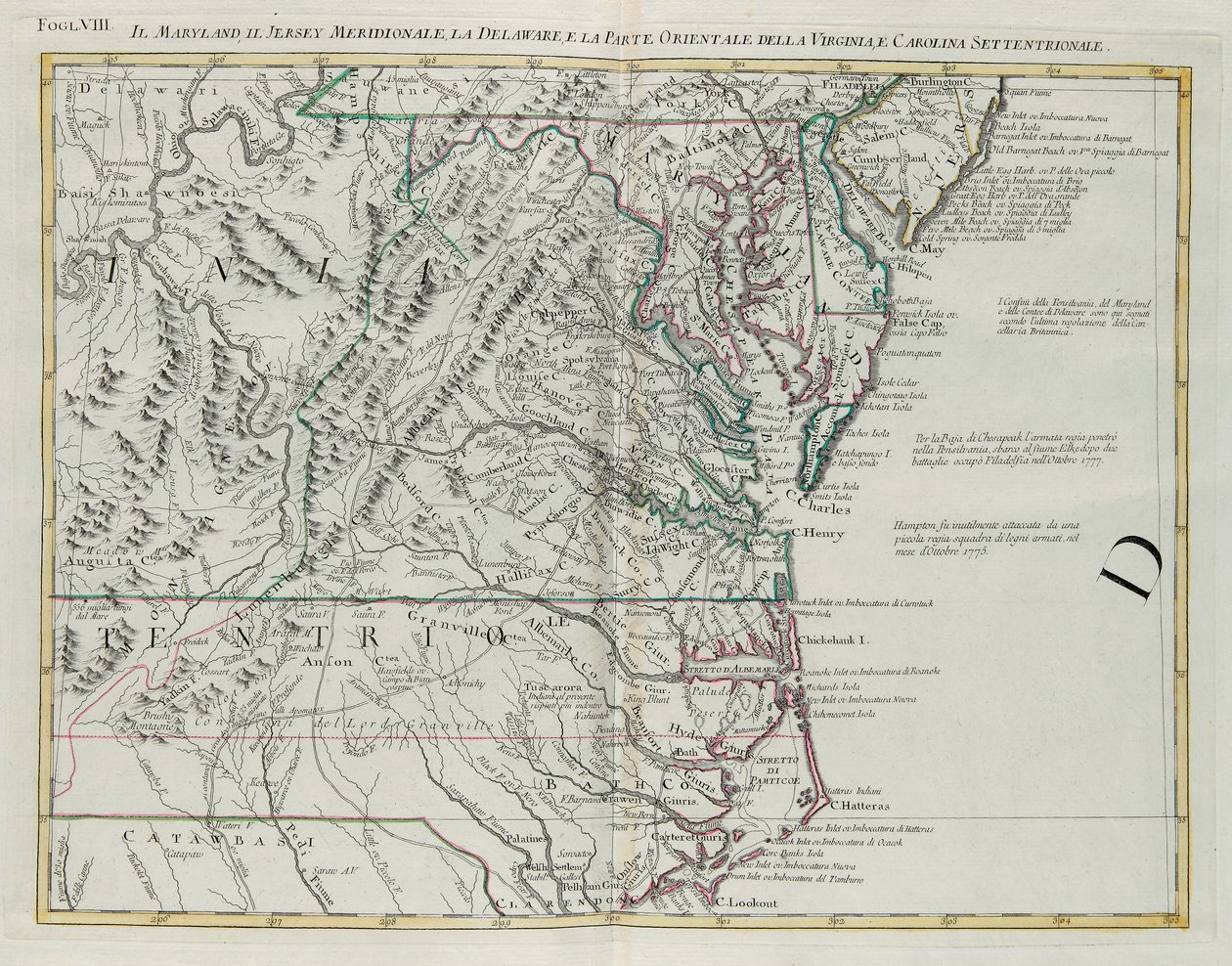 Maryland, New Jersey déli része, Delaware és Virginia és Észak-Karolina keleti része, G. Zuliani metszet I. Tome-tól vett „Legújabb atlasz”-ból, amelyet 1778-ban Velencében adott ki Antonio Zatta, Magángyűjtemény alkotó: G. Zuliani